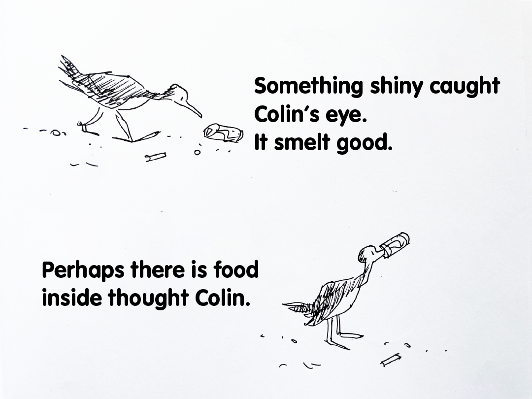 Colin looks down at a can on the ground, he then sticks his beak into the can - it's trapped!