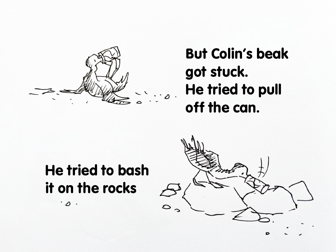 colin tries to pull the can off his beak
